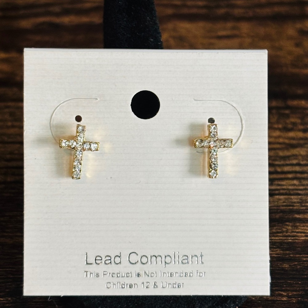 Gold Tone Rhinestone Cross Stud Earrings Religious Jewelry Clear Crystal